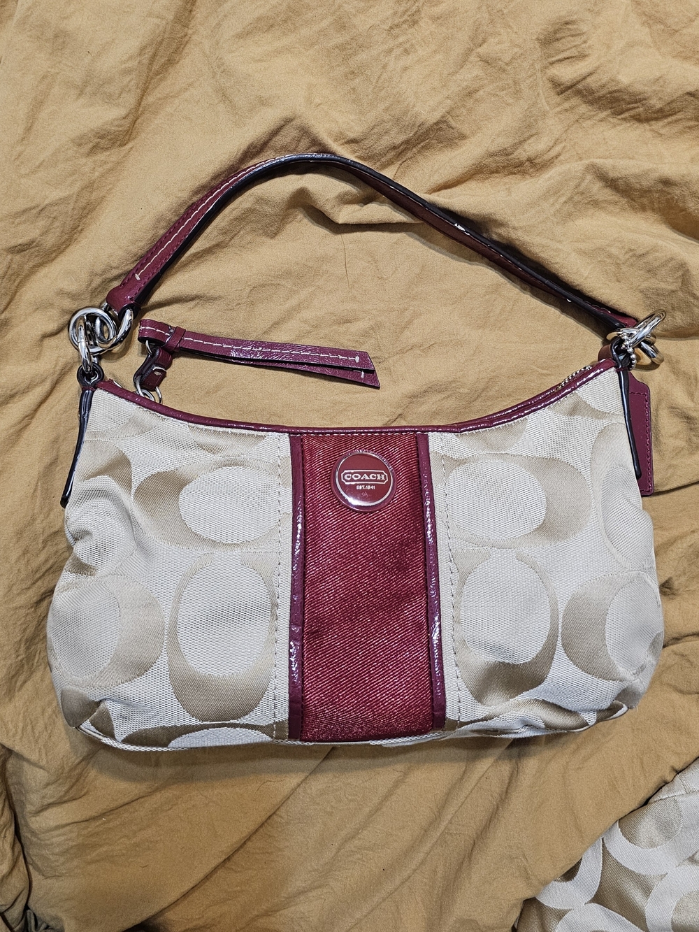 Coach Signature Canvas Shoulder Bag in Beige and Burgundy
